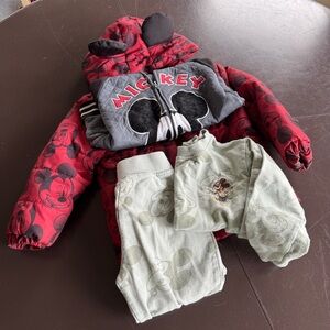 Red Mickey Mouse Puffer Jacket and Green Pants Set